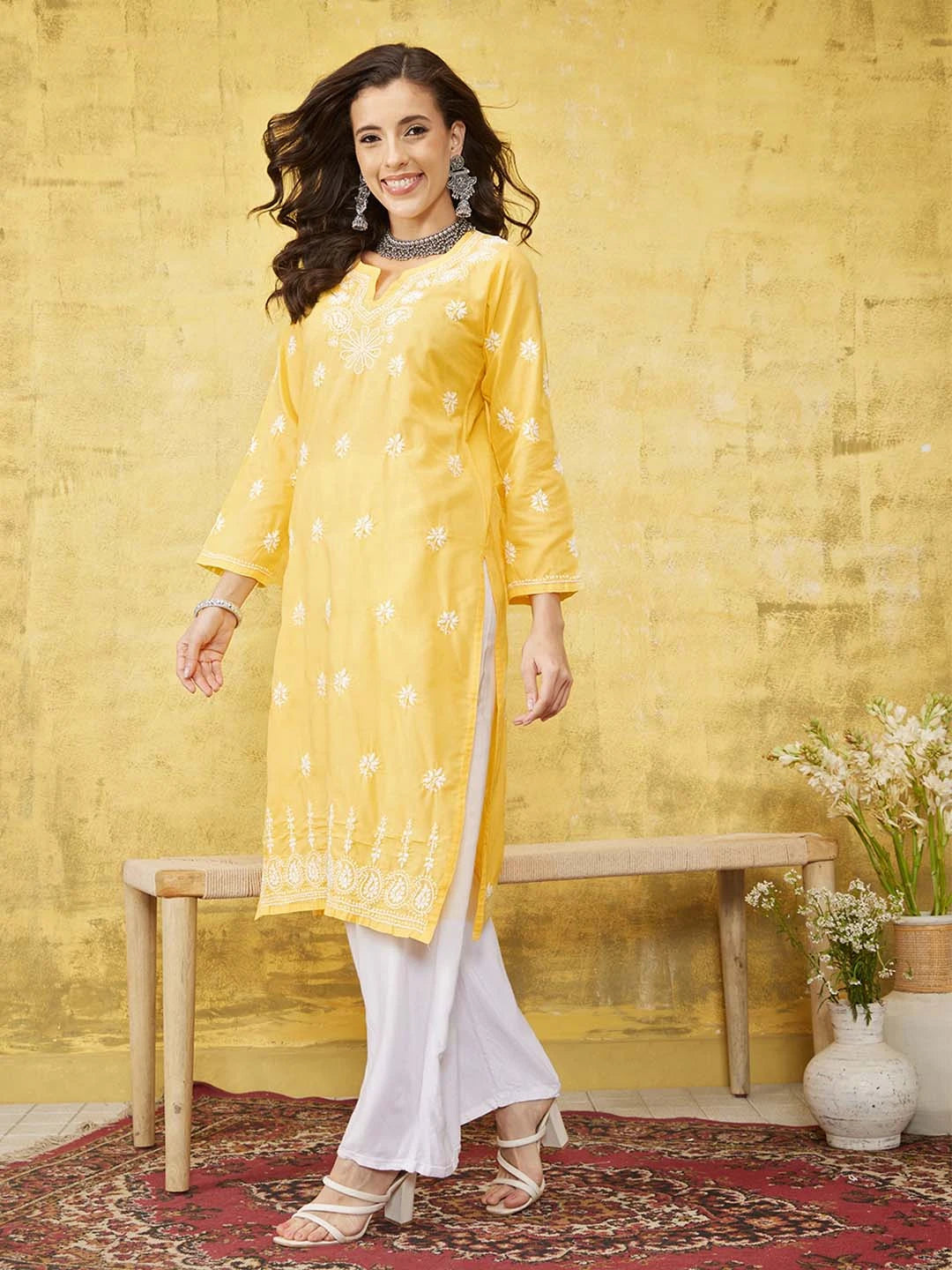 Ada Hand Embroidered Yellow Cotton Lucknowi Chikankari Straight Kurta A100359