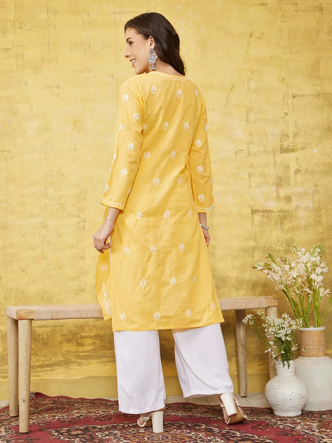 Ada Hand Embroidered Yellow Cotton Lucknowi Chikankari Straight Kurta A100359