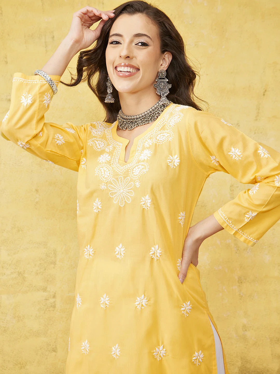 Ada Hand Embroidered Yellow Cotton Lucknowi Chikankari Straight Kurta A100359