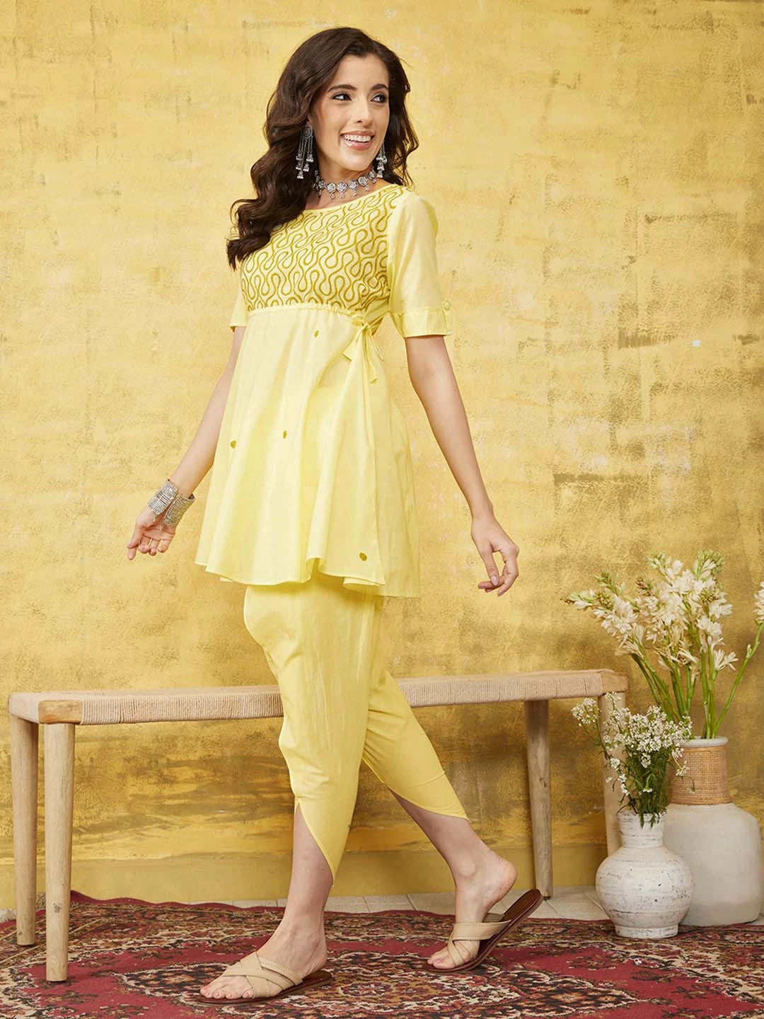 Ada Hand Embroidered Yellow Cotton Lucknowi Chikankari Flared Kurti With Dhoti Set A100321