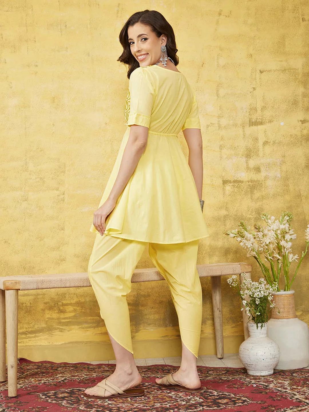 Ada Hand Embroidered Yellow Cotton Lucknowi Chikankari Flared Kurti With Dhoti Set A100321