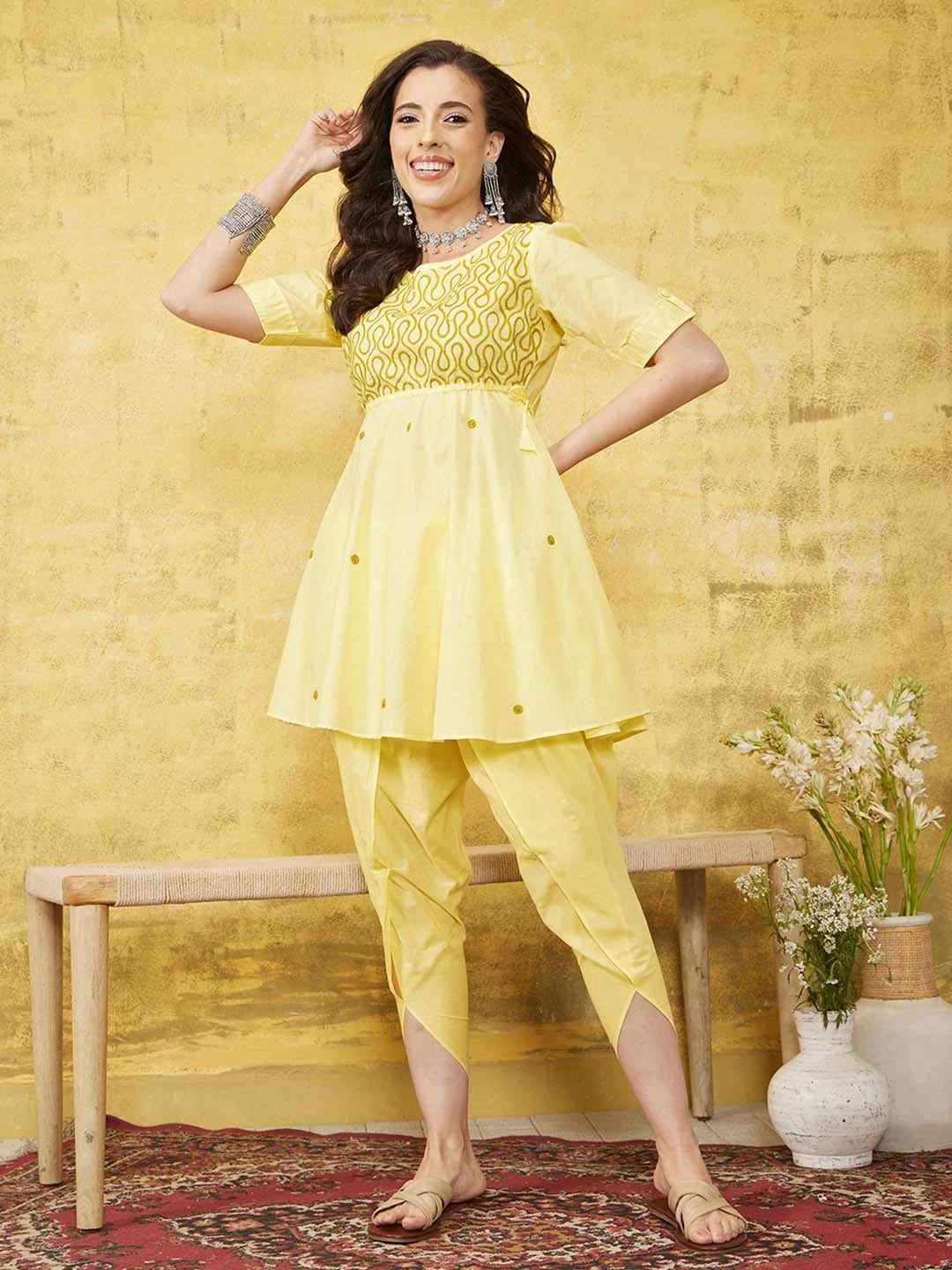 Ada Hand Embroidered Yellow Cotton Lucknowi Chikankari Flared Kurti With Dhoti Set A100321