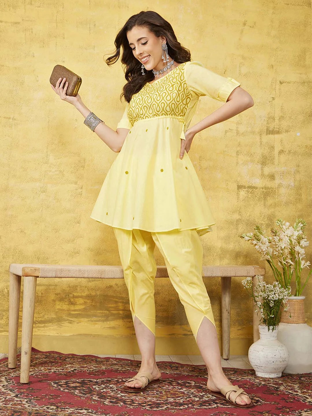 Ada Hand Embroidered Yellow Cotton Lucknowi Chikankari Flared Kurti With Dhoti Set A100321