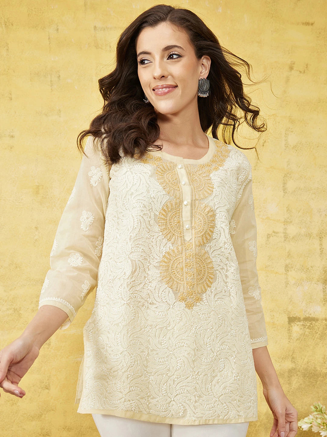Ada Hand Embroidered Fawn Cotton Lucknowi Chikankari Straight Kurti A100242