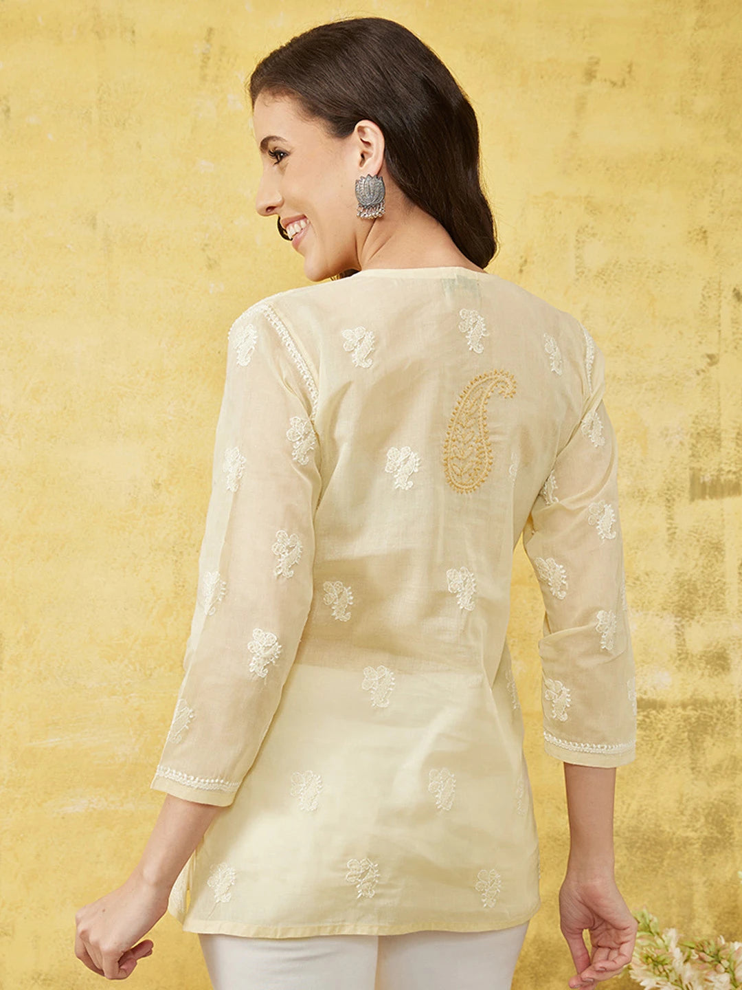 Ada Hand Embroidered Fawn Cotton Lucknowi Chikankari Straight Kurti A100242