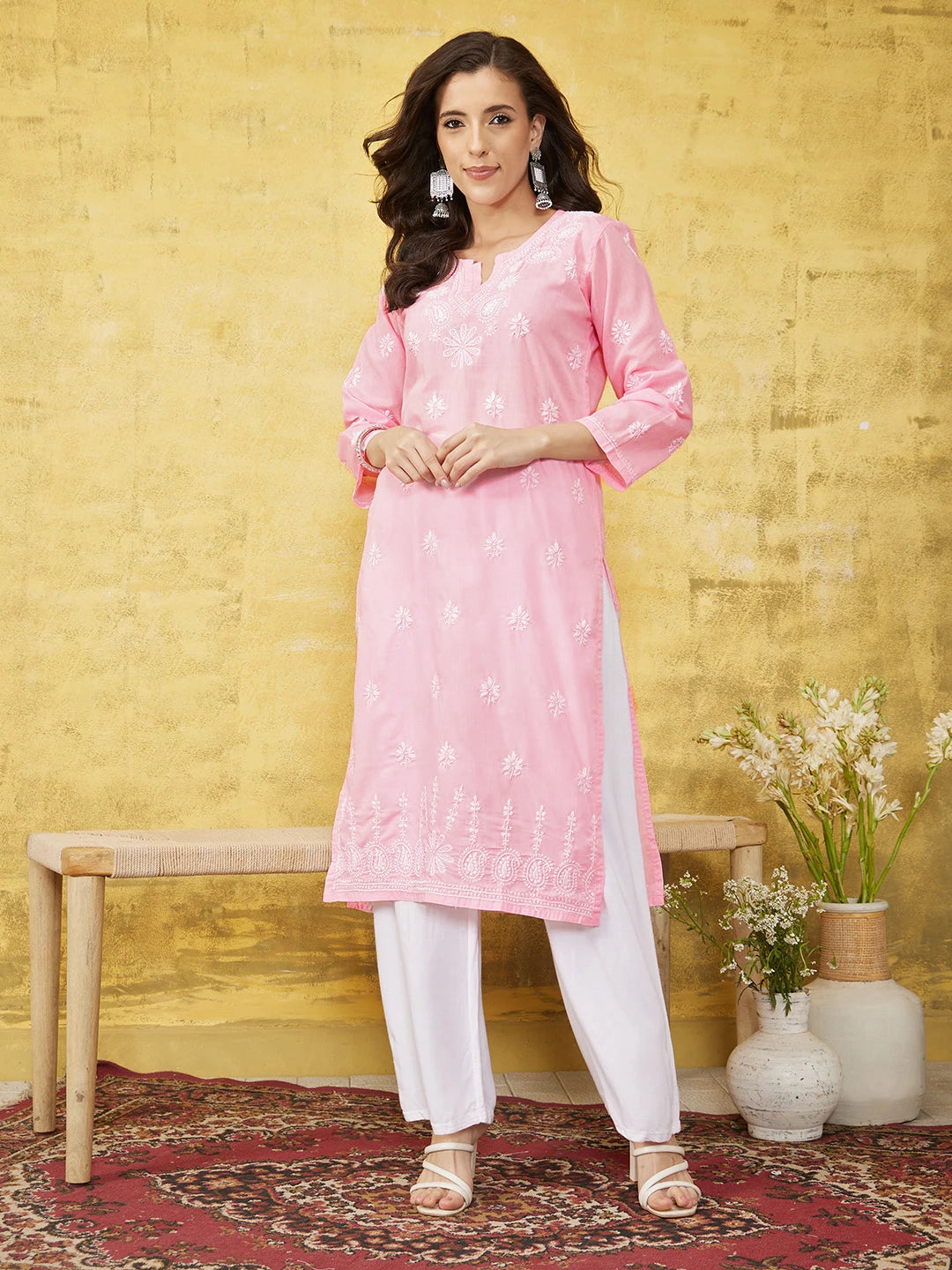 Ada Hand Embroidered Pink Cotton Lucknowi Chikankari Straight Kurta A100360