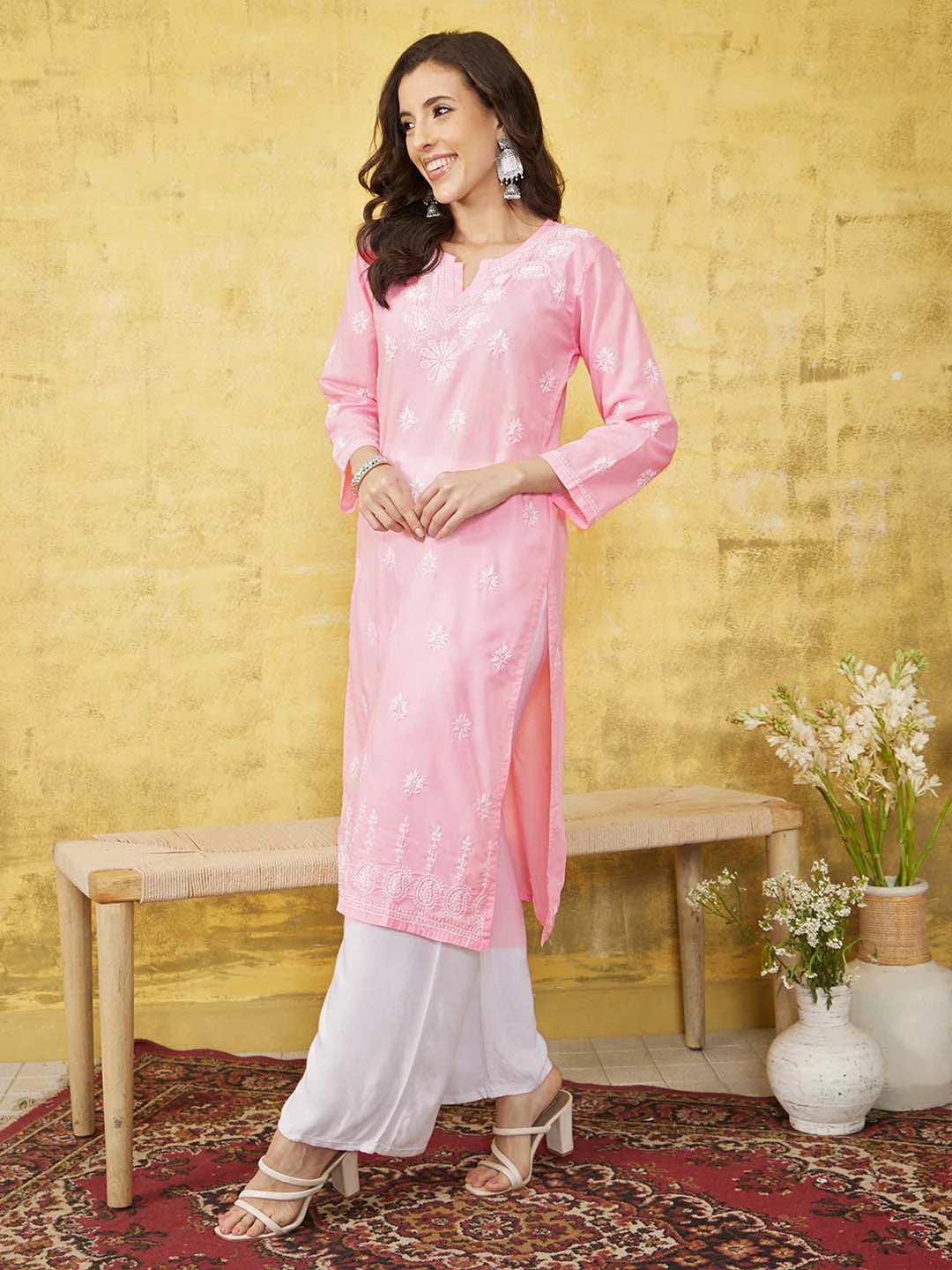 Ada Hand Embroidered Pink Cotton Lucknowi Chikankari Straight Kurta A100360