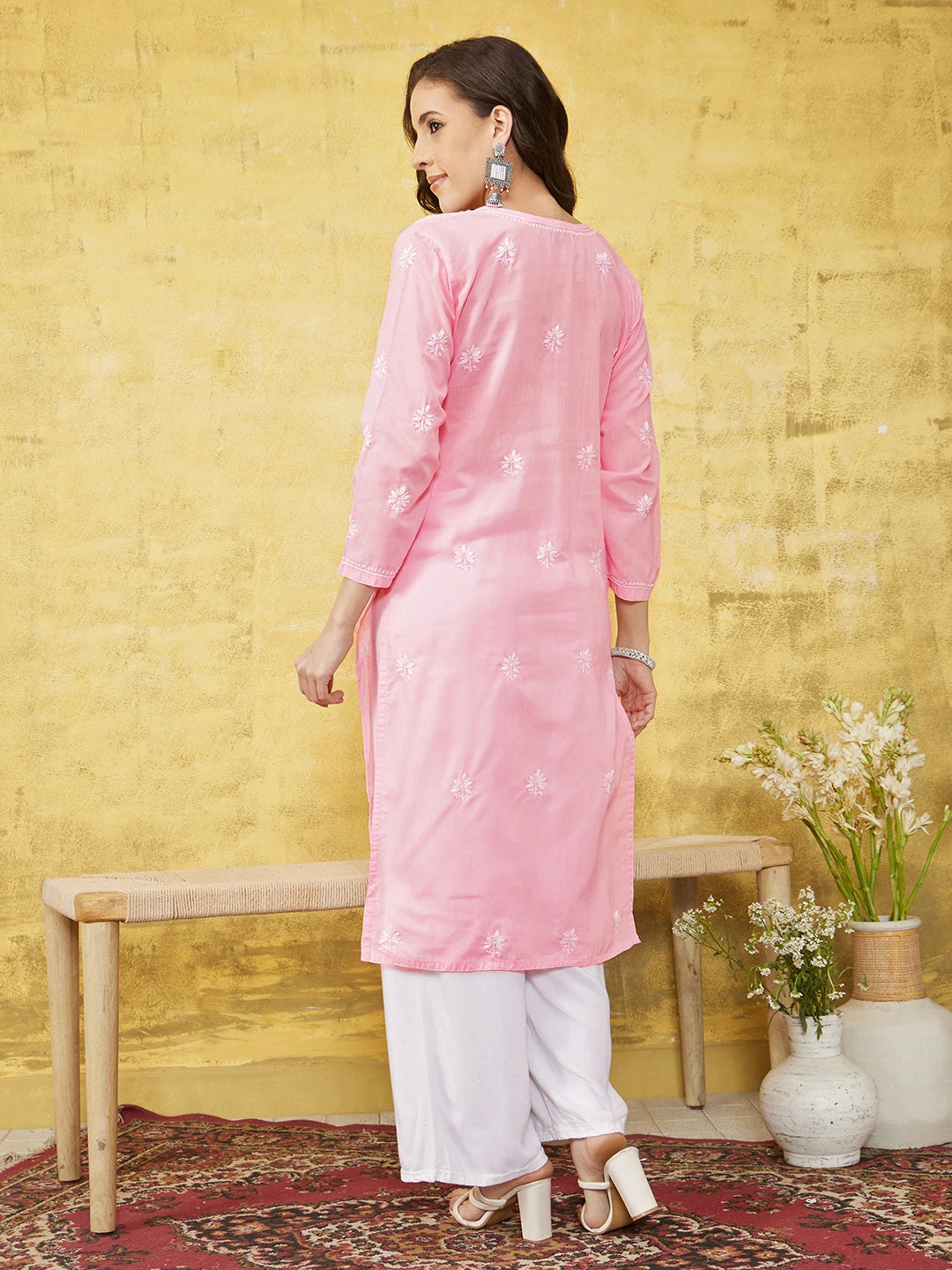 Ada Hand Embroidered Pink Cotton Lucknowi Chikankari Straight Kurta A100360