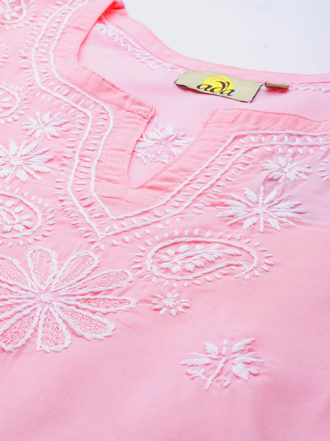 Ada Hand Embroidered Pink Cotton Lucknowi Chikankari Straight Kurta A100360