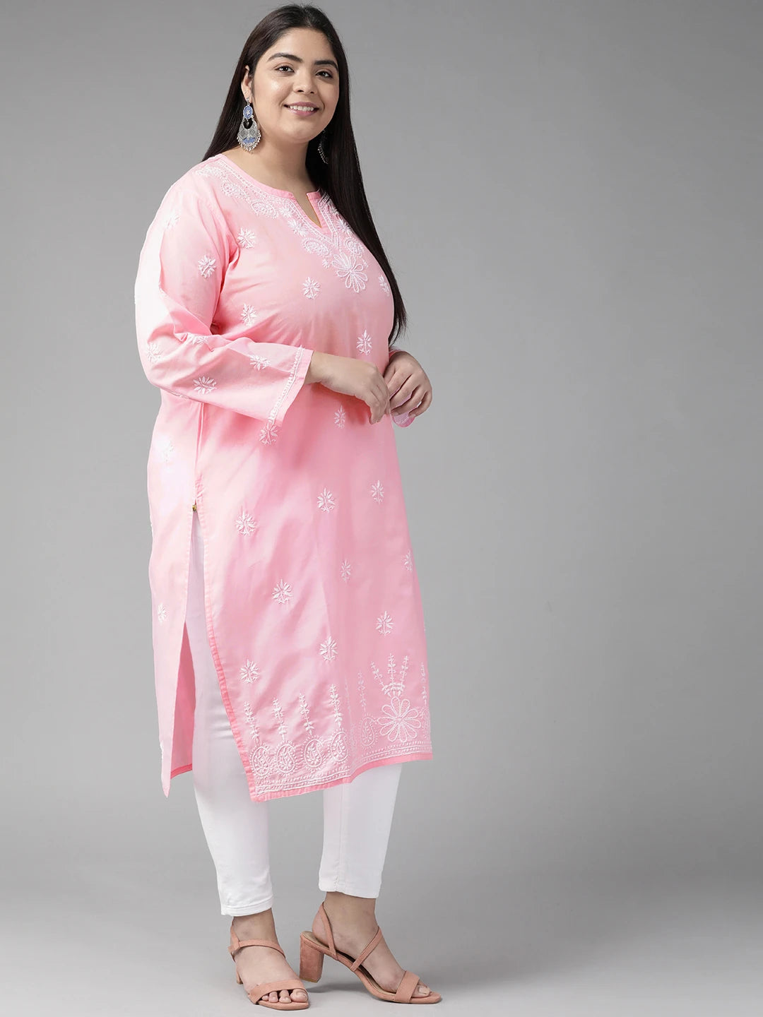 Ada Hand Embroidered Pink Cotton Lucknowi Chikankari Straight Kurta A100360