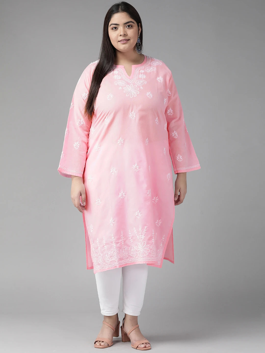 Ada Hand Embroidered Pink Cotton Lucknowi Chikankari Straight Kurta A100360