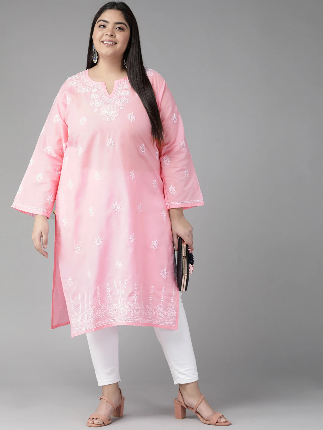 Ada Hand Embroidered Pink Cotton Lucknowi Chikankari Straight Kurta A100360