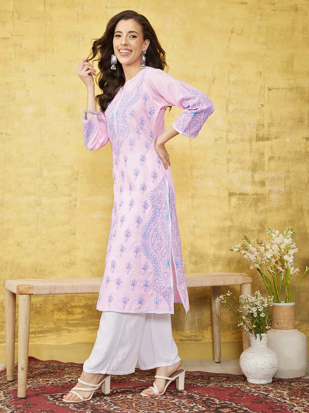 Ada Hand Embroidered Pink Cotton Lucknowi Chikankari Straight Kurta A100367