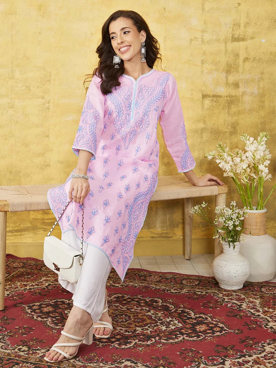 Ada Hand Embroidered Pink Cotton Lucknowi Chikankari Straight Kurta A100367