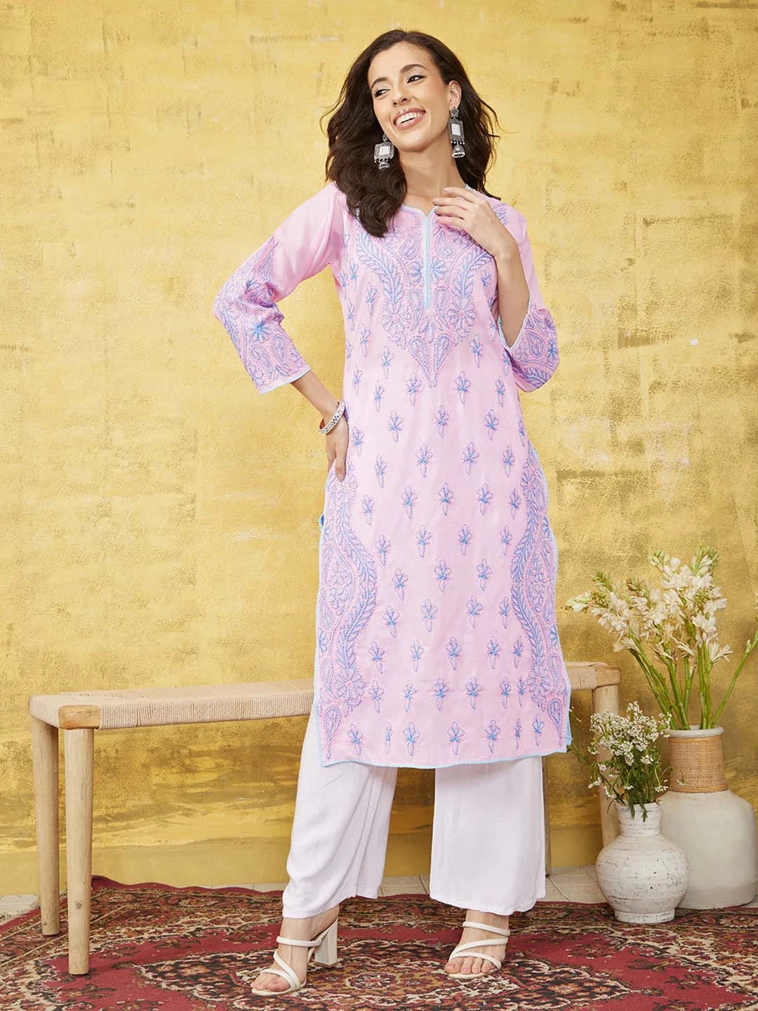 Ada Hand Embroidered Pink Cotton Lucknowi Chikankari Straight Kurta A100367