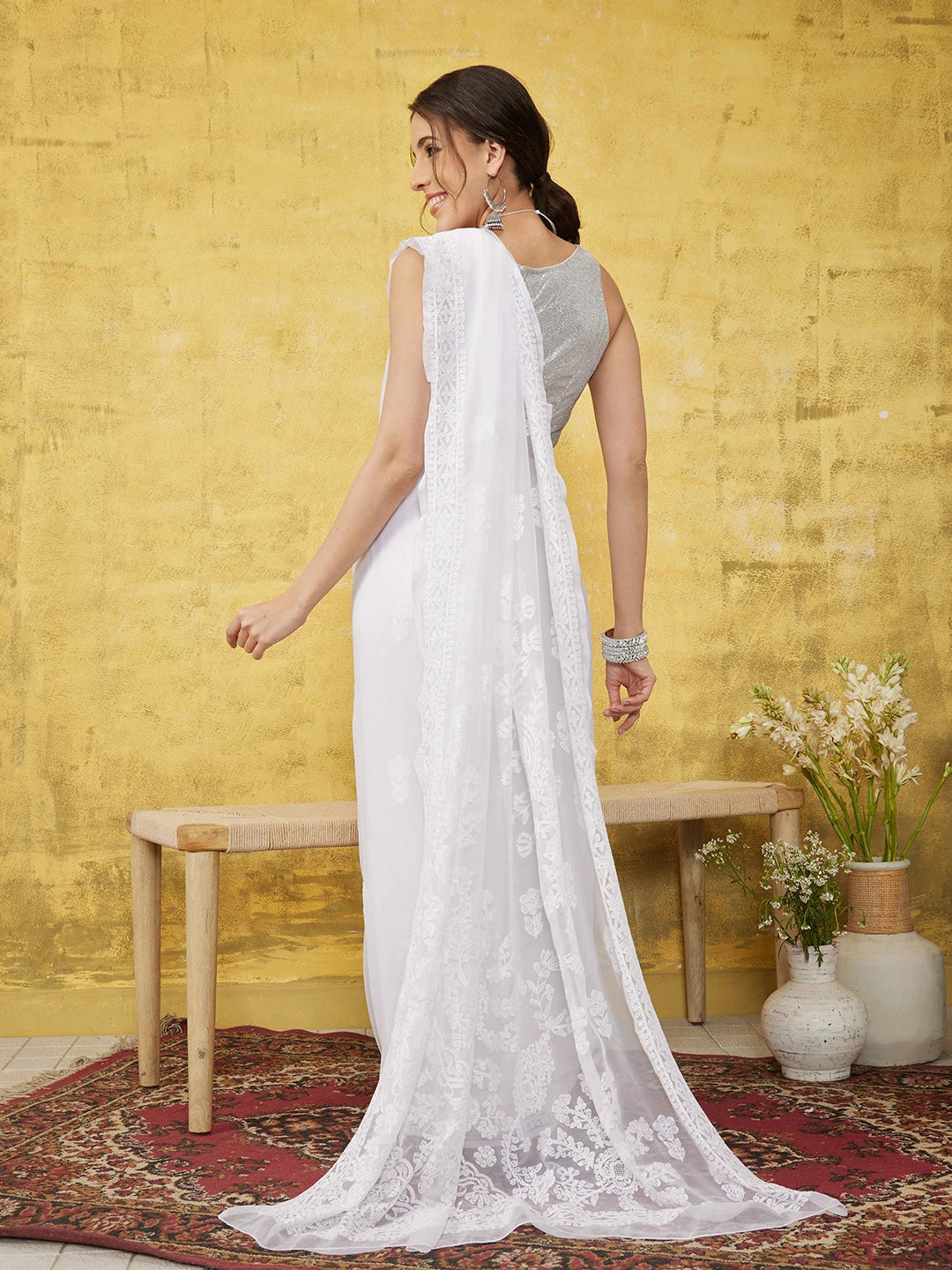 Ada Hand Embroidered White Georgette Lucknowi Chikankari Saree with Blouse A129574