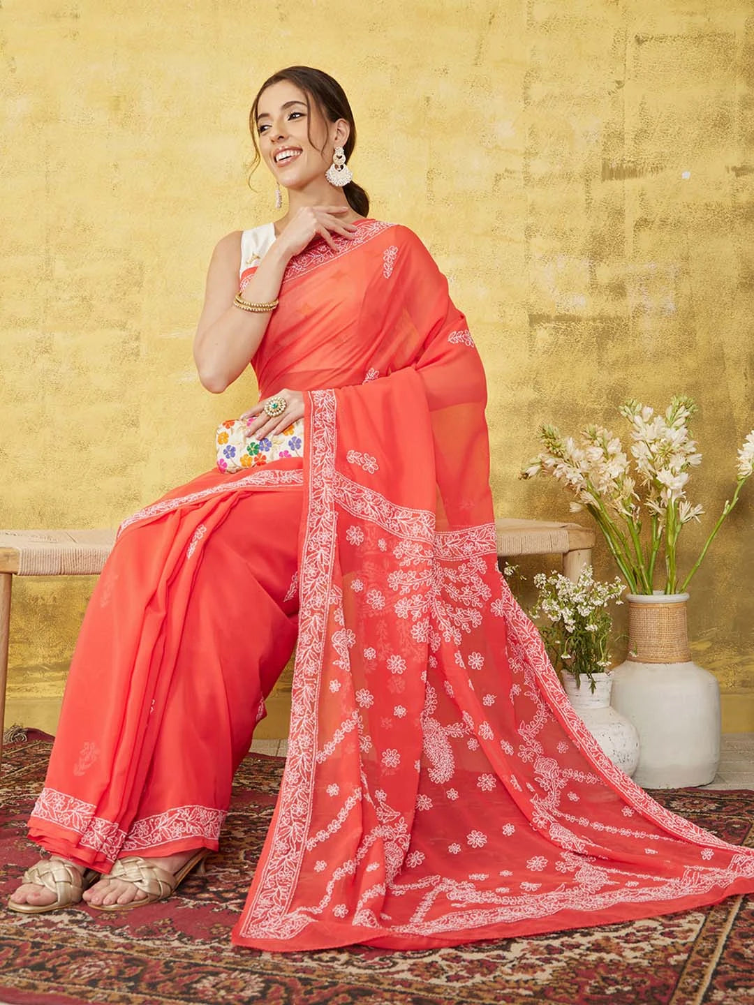 Ada Hand Embroidered Carrot Pink Georgette Lucknowi Chikankari Saree With Blouse A219386
