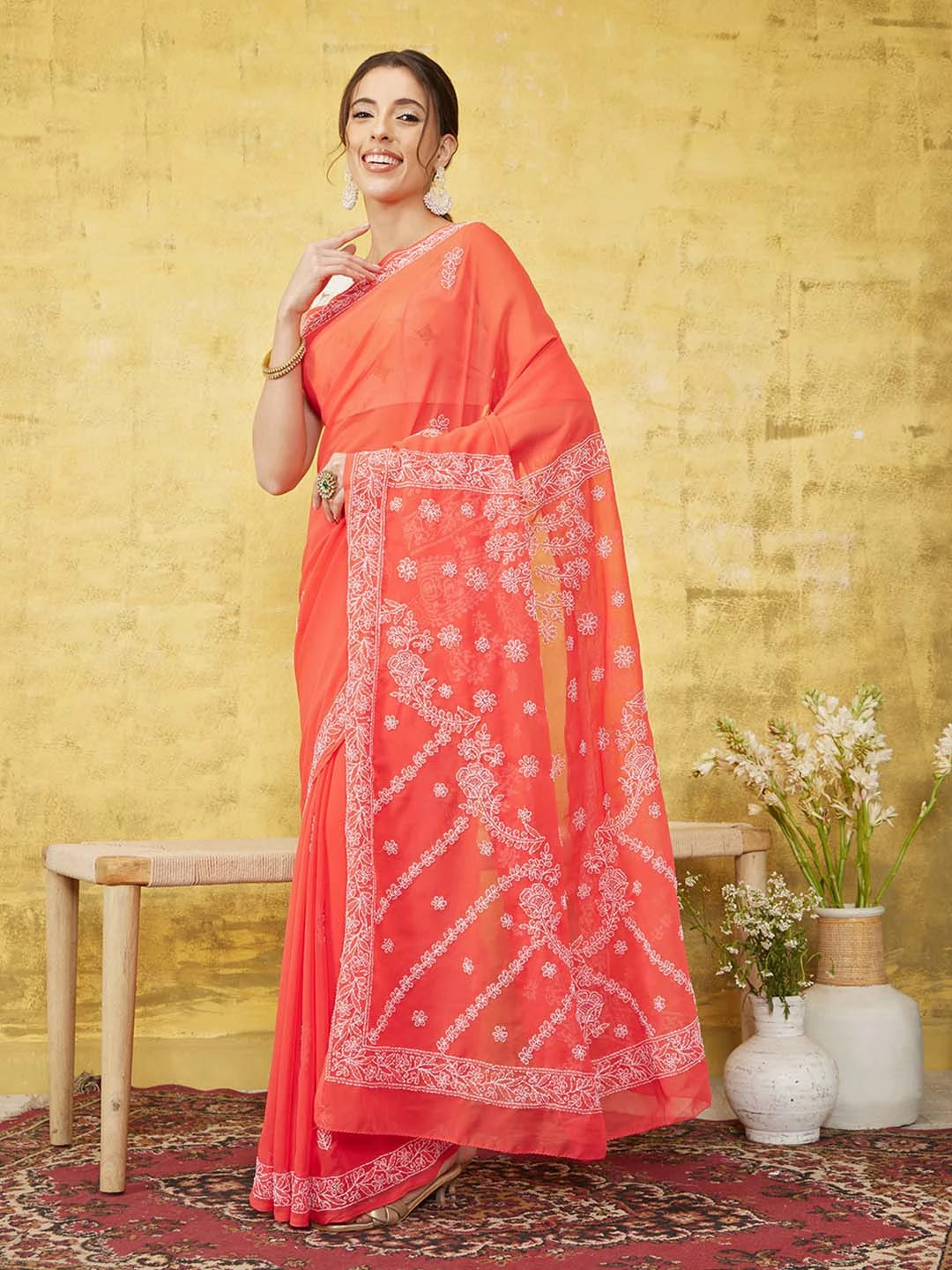 Ada Hand Embroidered Carrot Pink Georgette Lucknowi Chikankari Saree With Blouse A219386