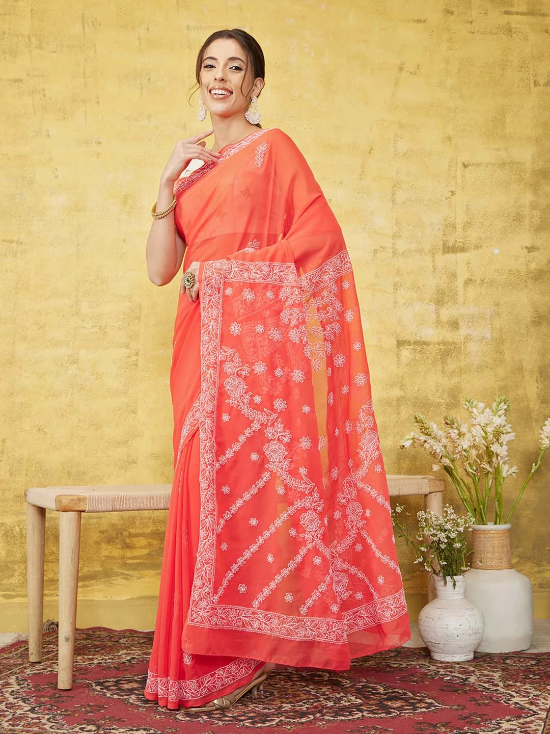 Ada Hand Embroidered Carrot Pink Georgette Lucknowi Chikankari Saree With Blouse A219386