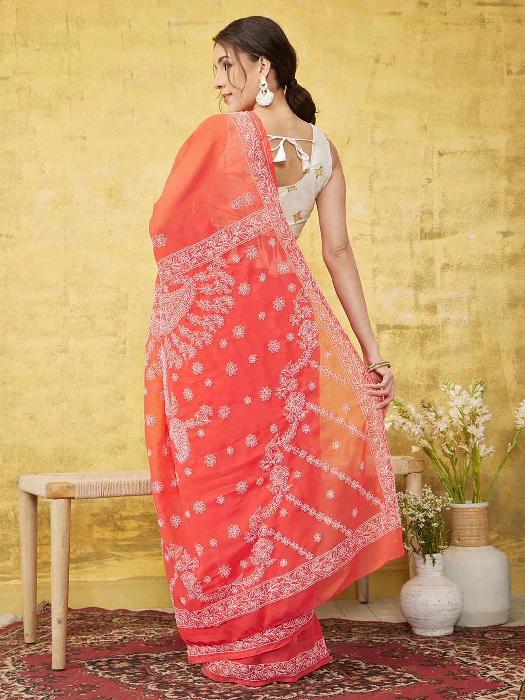Ada Hand Embroidered Carrot Pink Georgette Lucknowi Chikankari Saree With Blouse A219386