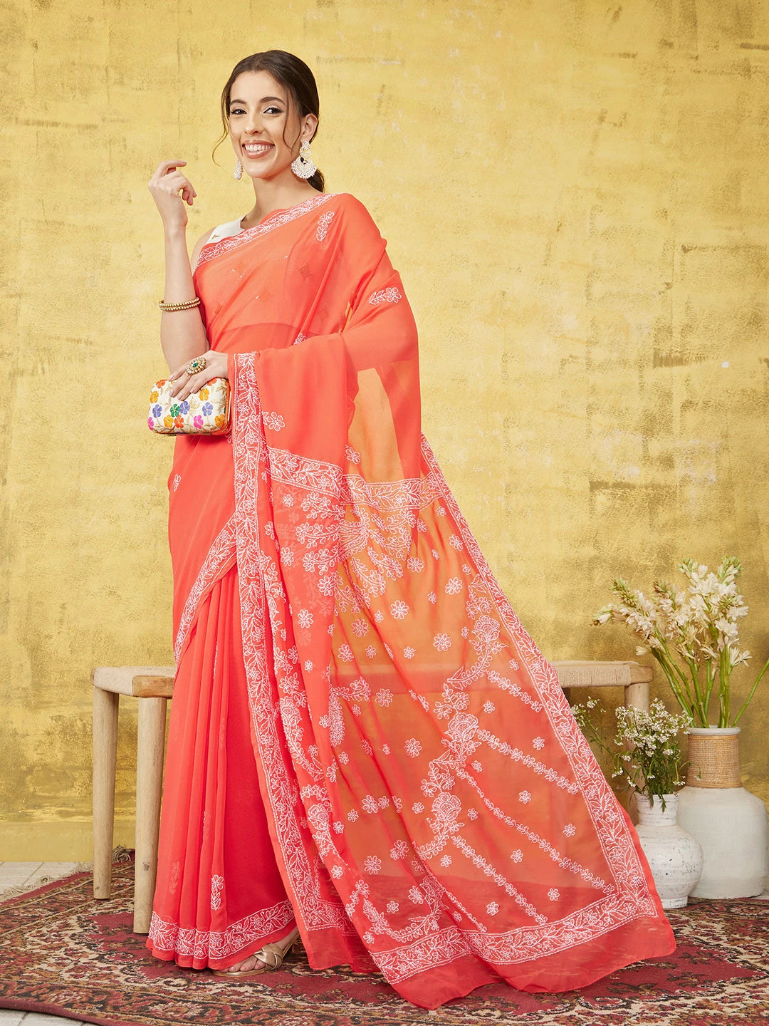 Ada Hand Embroidered Carrot Pink Georgette Lucknowi Chikankari Saree With Blouse A219386