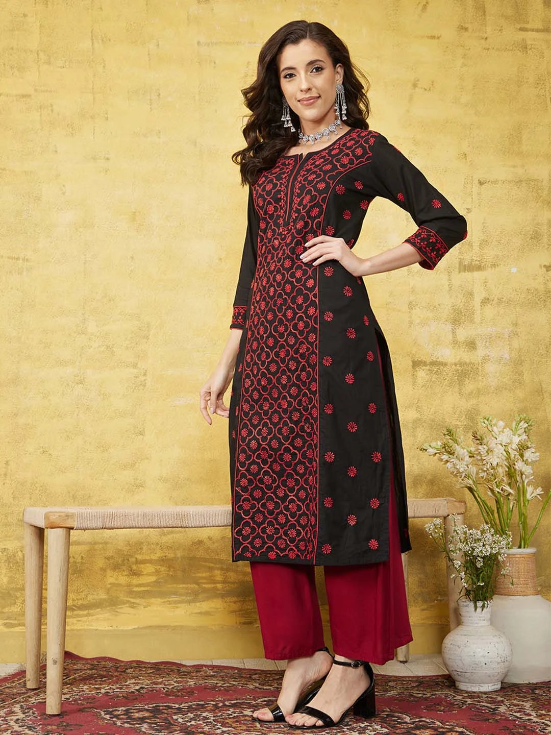 Ada Hand Embroidered Black Cotton Lucknowi Chikankari Straight Long Kurta A411474
