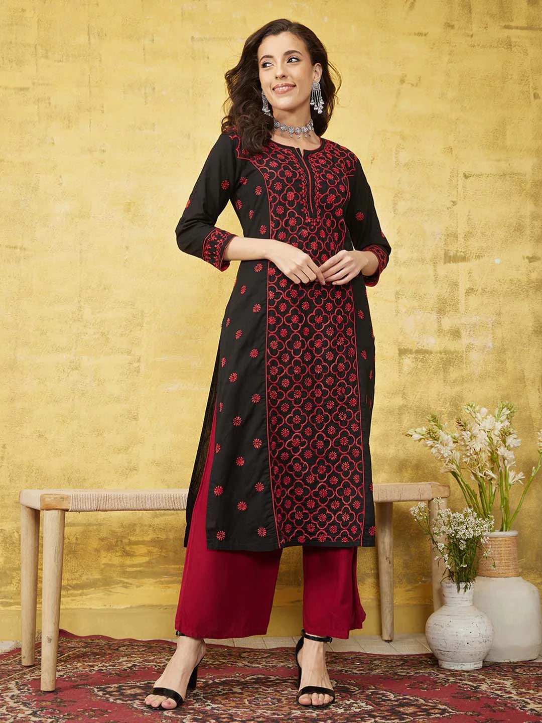 Ada Hand Embroidered Black Cotton Lucknowi Chikankari Straight Long Kurta A411474