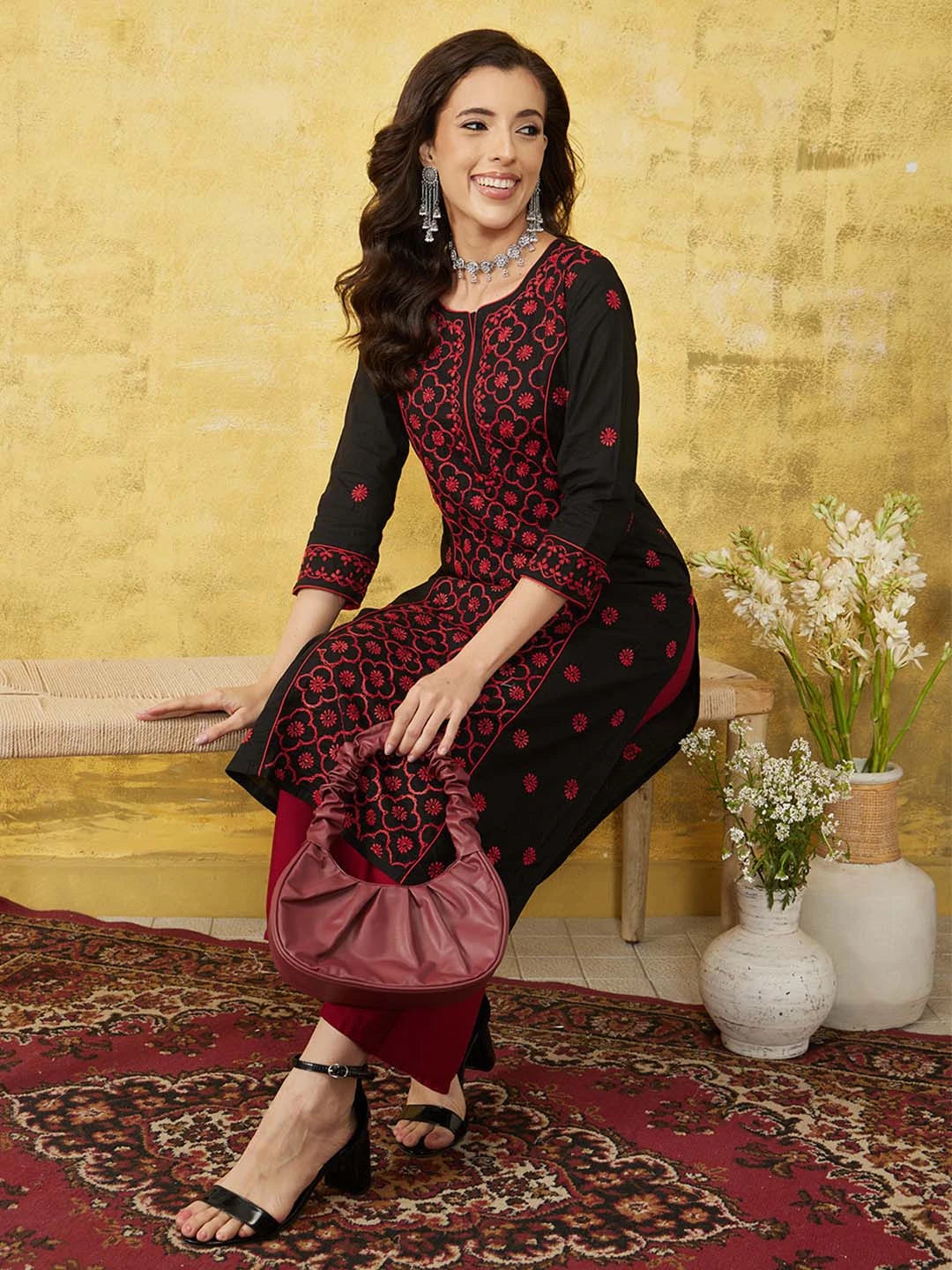 Ada Hand Embroidered Black Cotton Lucknowi Chikankari Straight Long Kurta A411474