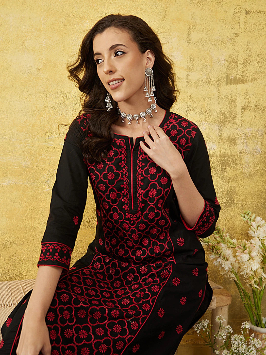 Ada Hand Embroidered Black Cotton Lucknowi Chikankari Straight Long Kurta A411474