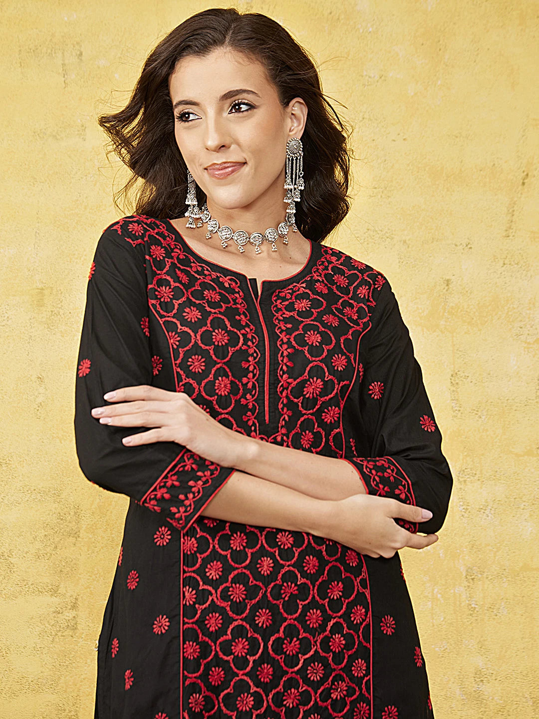 Ada Hand Embroidered Black Cotton Lucknowi Chikankari Straight Long Kurta A411474