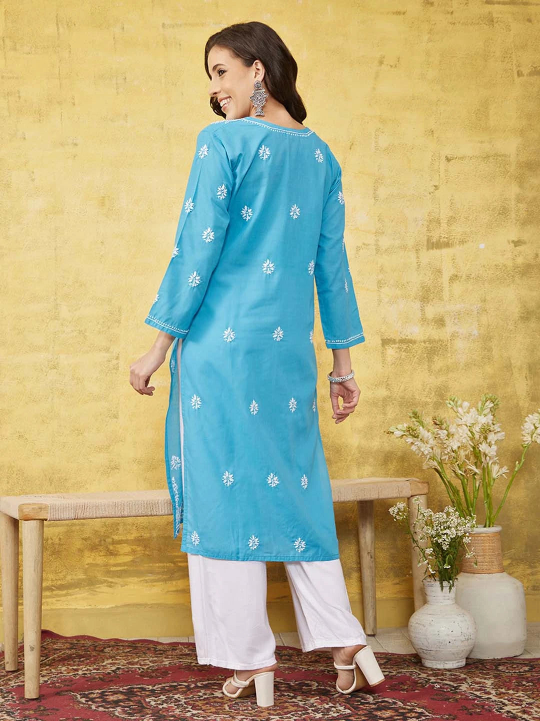 Ada Hand Embroidered Blue Cotton Lucknowi Chikankari Straight Kurta A411531