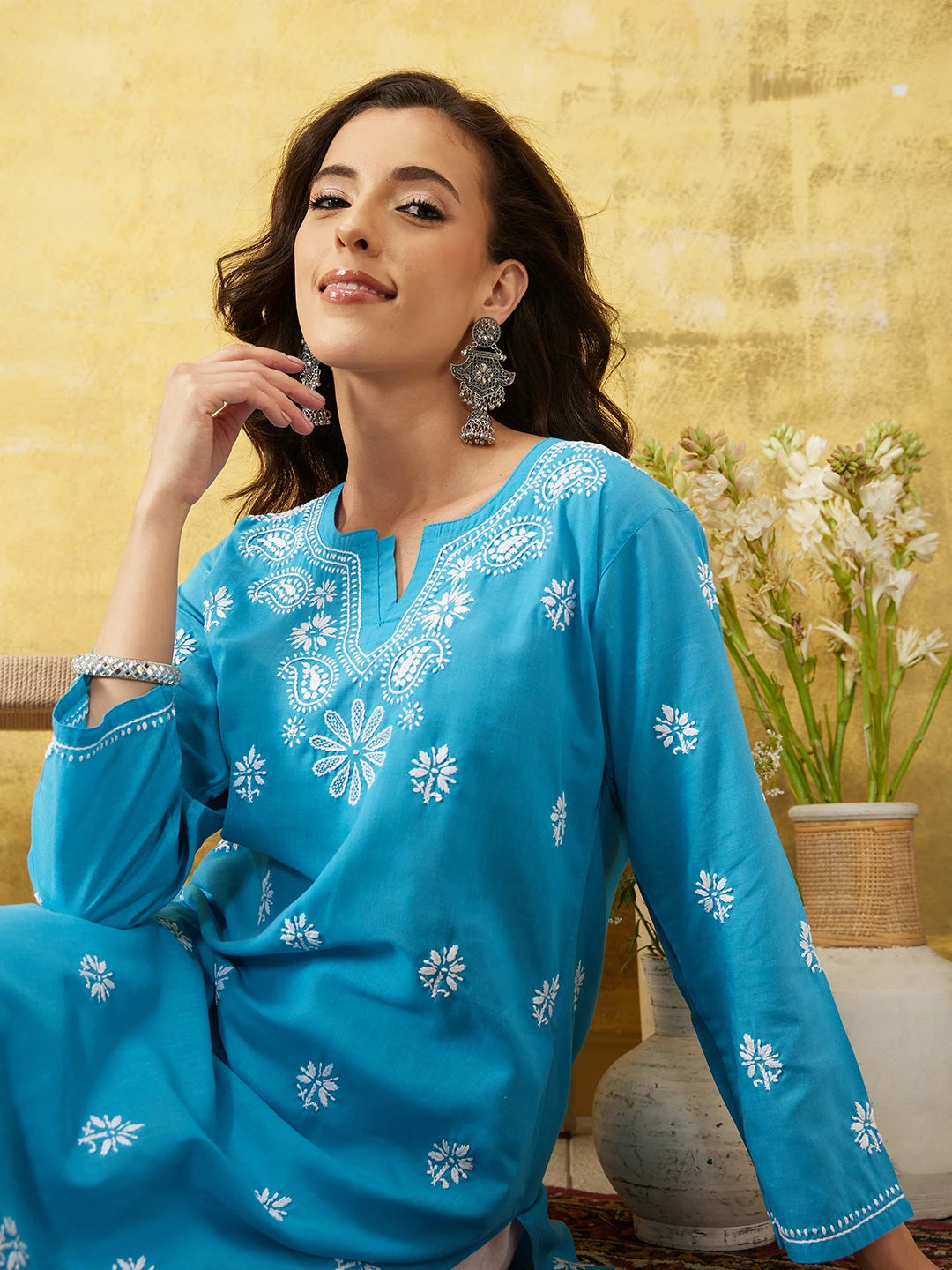 Ada Hand Embroidered Blue Cotton Lucknowi Chikankari Straight Kurta A411531
