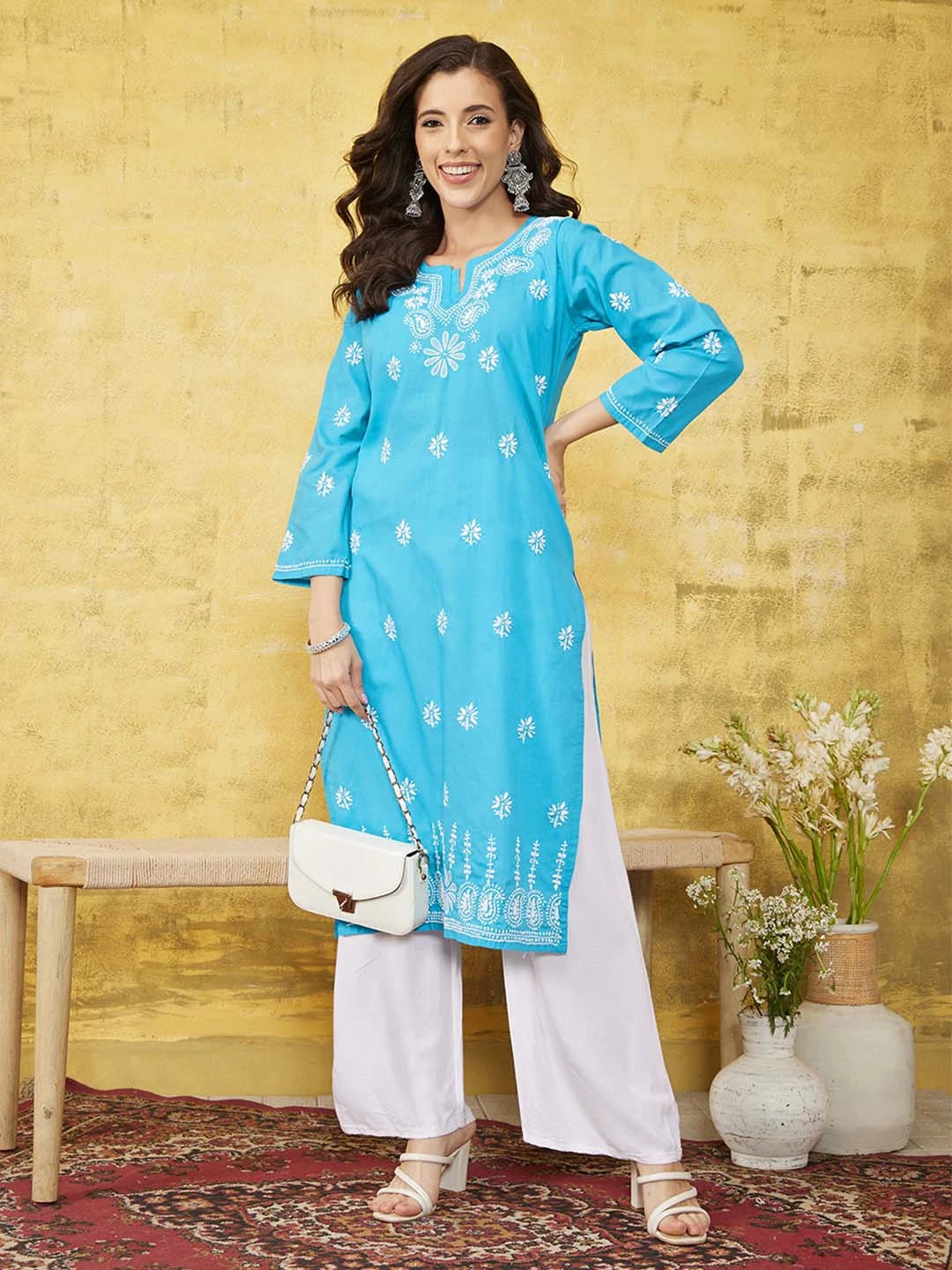 Ada Hand Embroidered Blue Cotton Lucknowi Chikankari Straight Kurta A411531