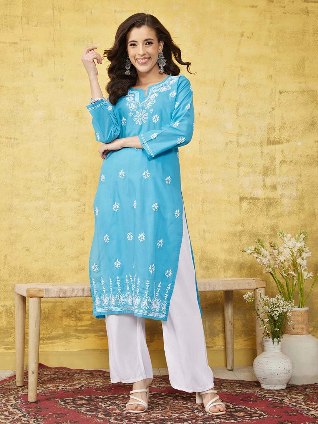 Ada Hand Embroidered Blue Cotton Lucknowi Chikankari Straight Kurta A411531