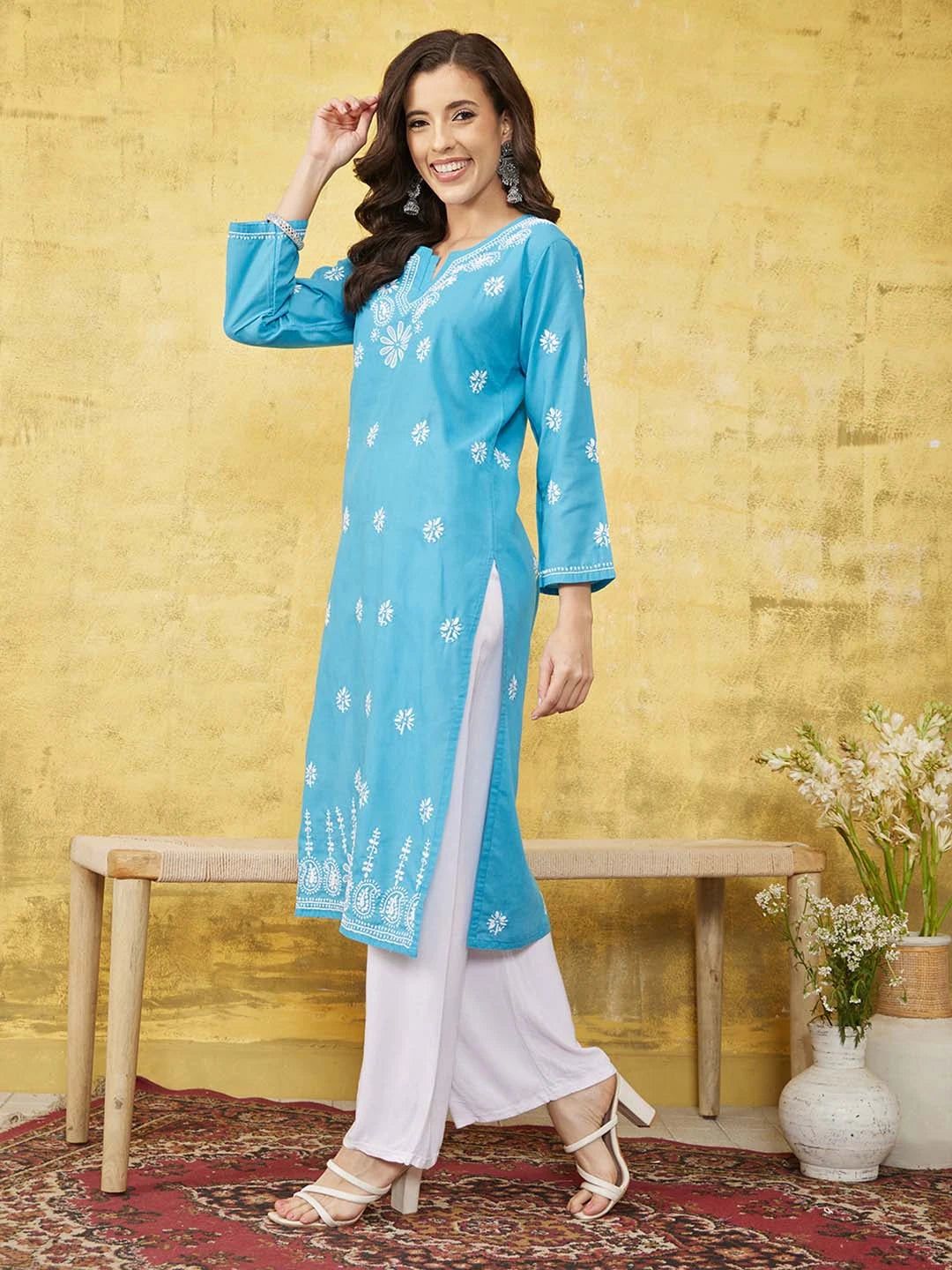 Ada Hand Embroidered Blue Cotton Lucknowi Chikankari Straight Kurta A411531