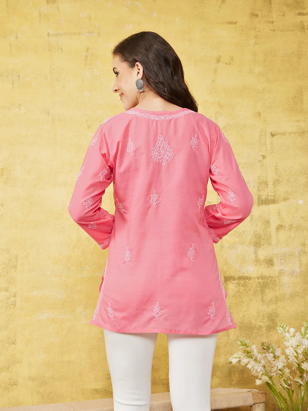 Ada Hand Embroidered Pink Cotton Lucknowi Chikankari Short Kurti A509697