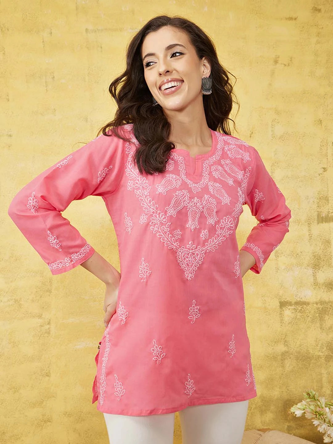 Ada Hand Embroidered Pink Cotton Lucknowi Chikankari Short Kurti A509697