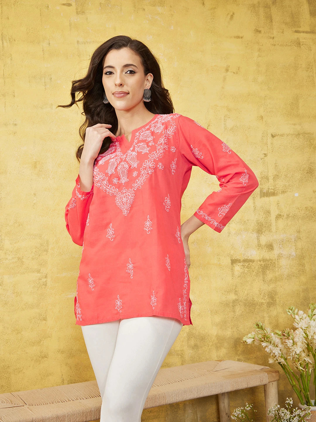 Ada Hand Embroidered Carrot Pink Cotton Lucknow Chikan Kurti -A534793