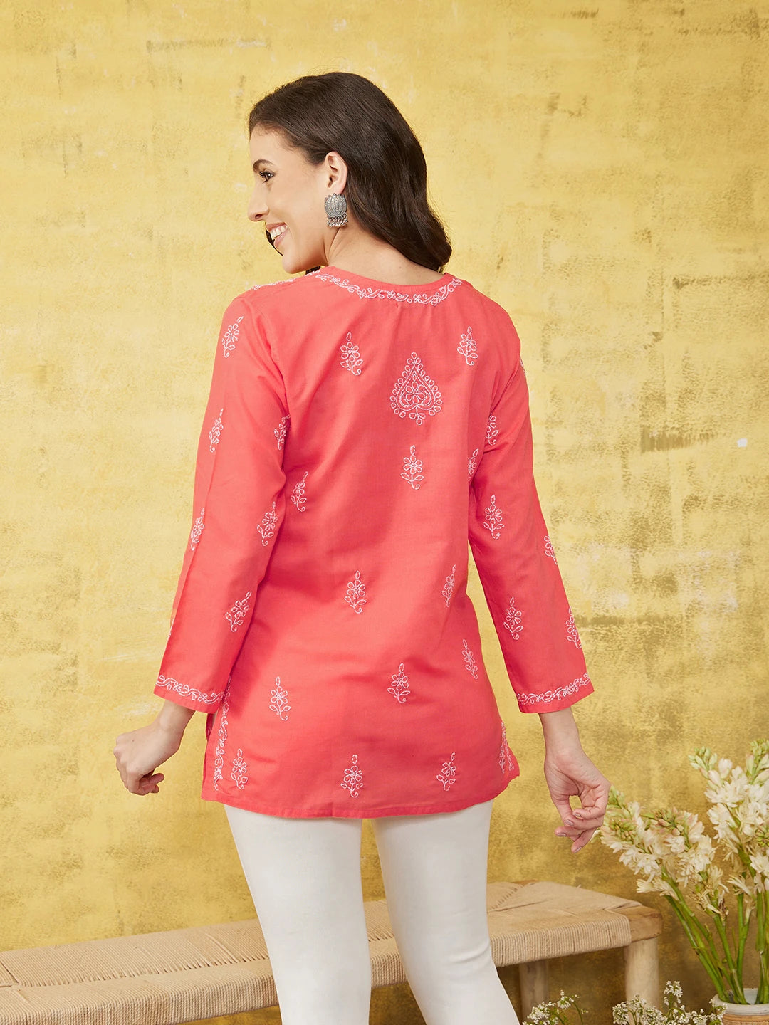 Ada Hand Embroidered Carrot Pink Cotton Lucknow Chikan Kurti -A534793