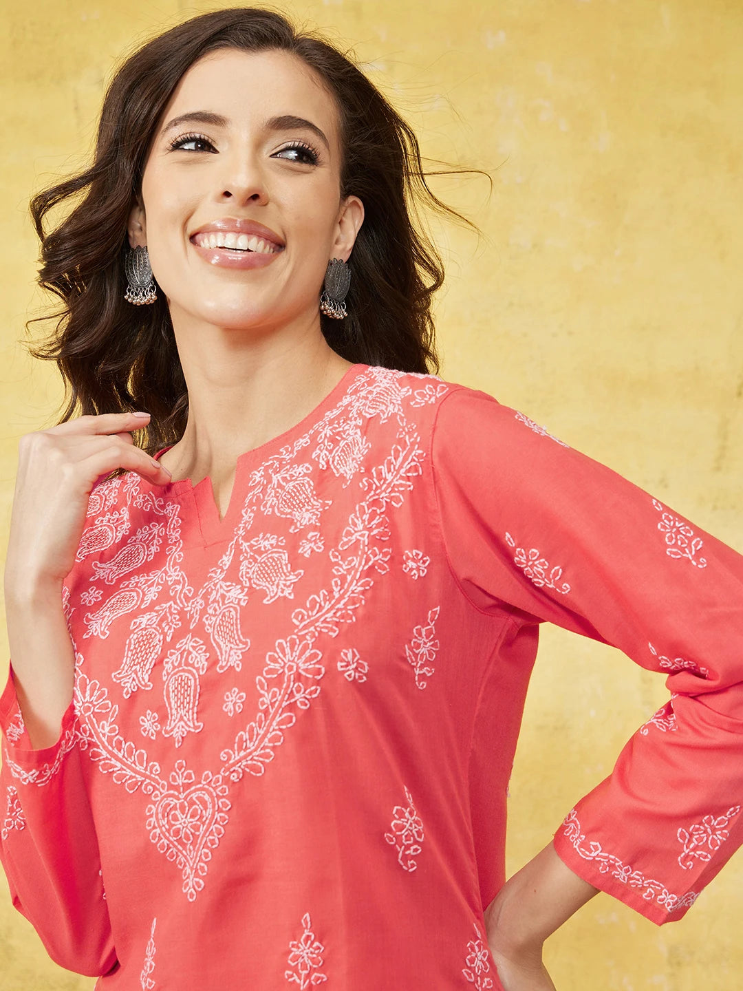 Ada Hand Embroidered Carrot Pink Cotton Lucknow Chikan Kurti -A534793