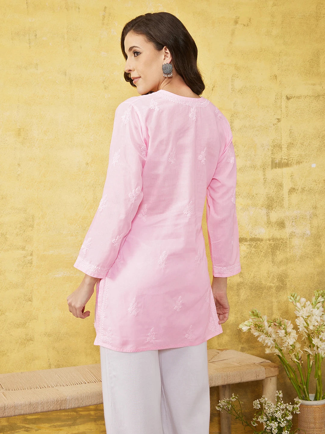 Ada Hand Embroidered Baby Pink Cotton Lucknowi Chikankari Straight Kurti A911262