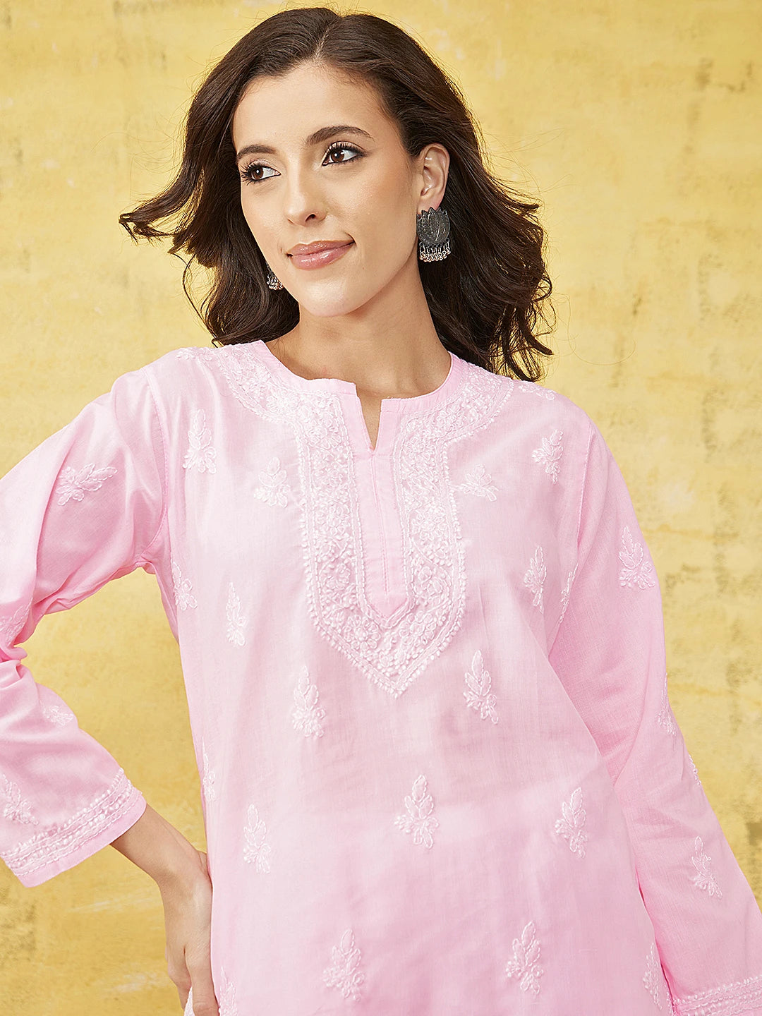 Ada Hand Embroidered Baby Pink Cotton Lucknowi Chikankari Straight Kurti A911262