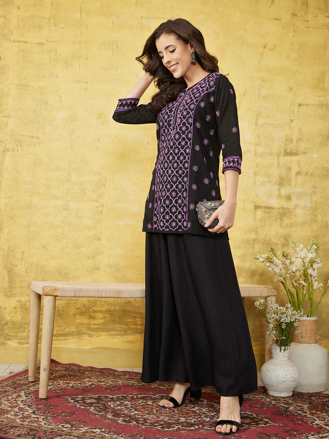 Ada Hand Embroidered Black Cotton Lucknowi Chikankari Straight Kurti A911370