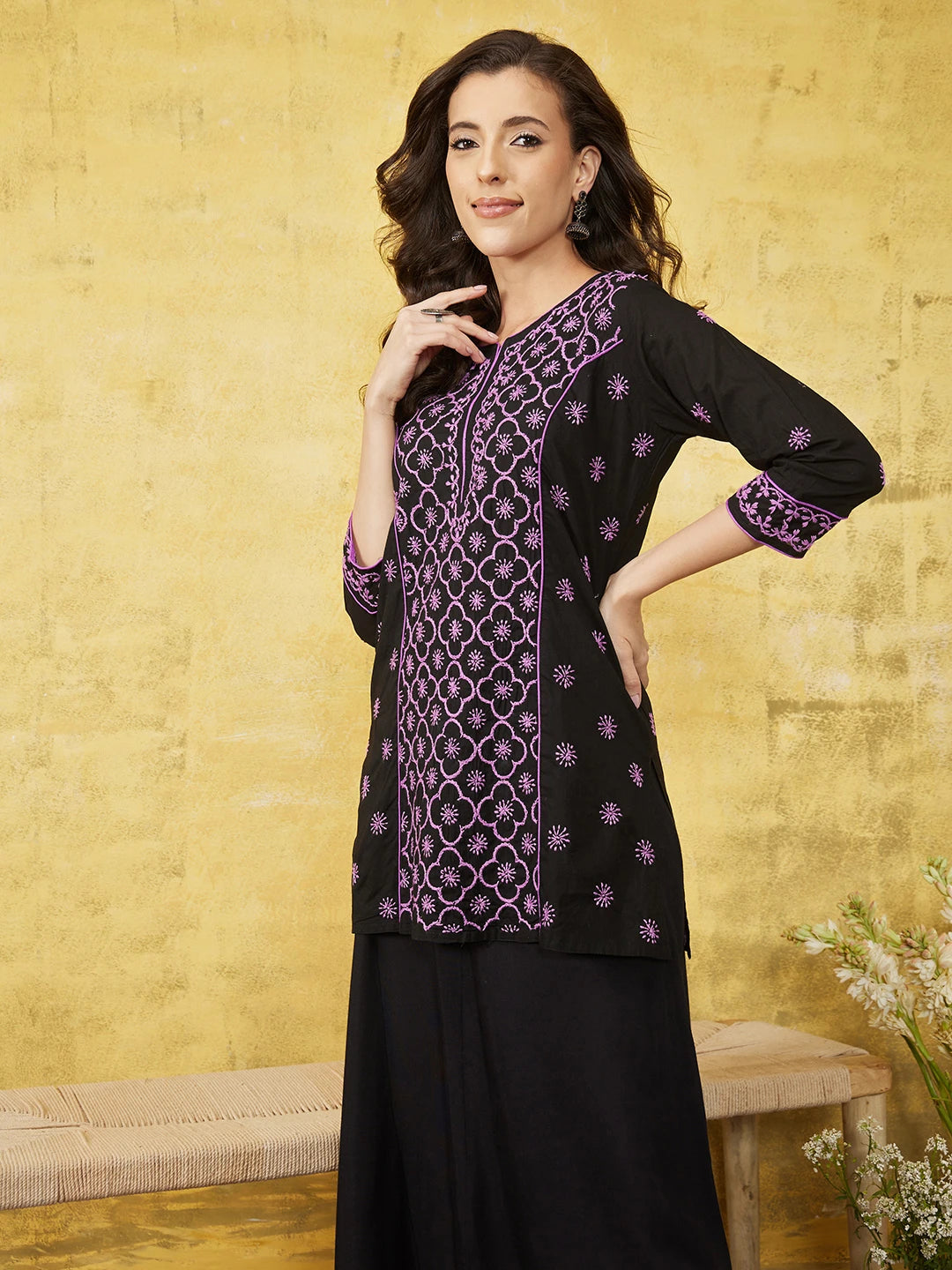 Ada Hand Embroidered Black Cotton Lucknowi Chikankari Straight Kurti A911370