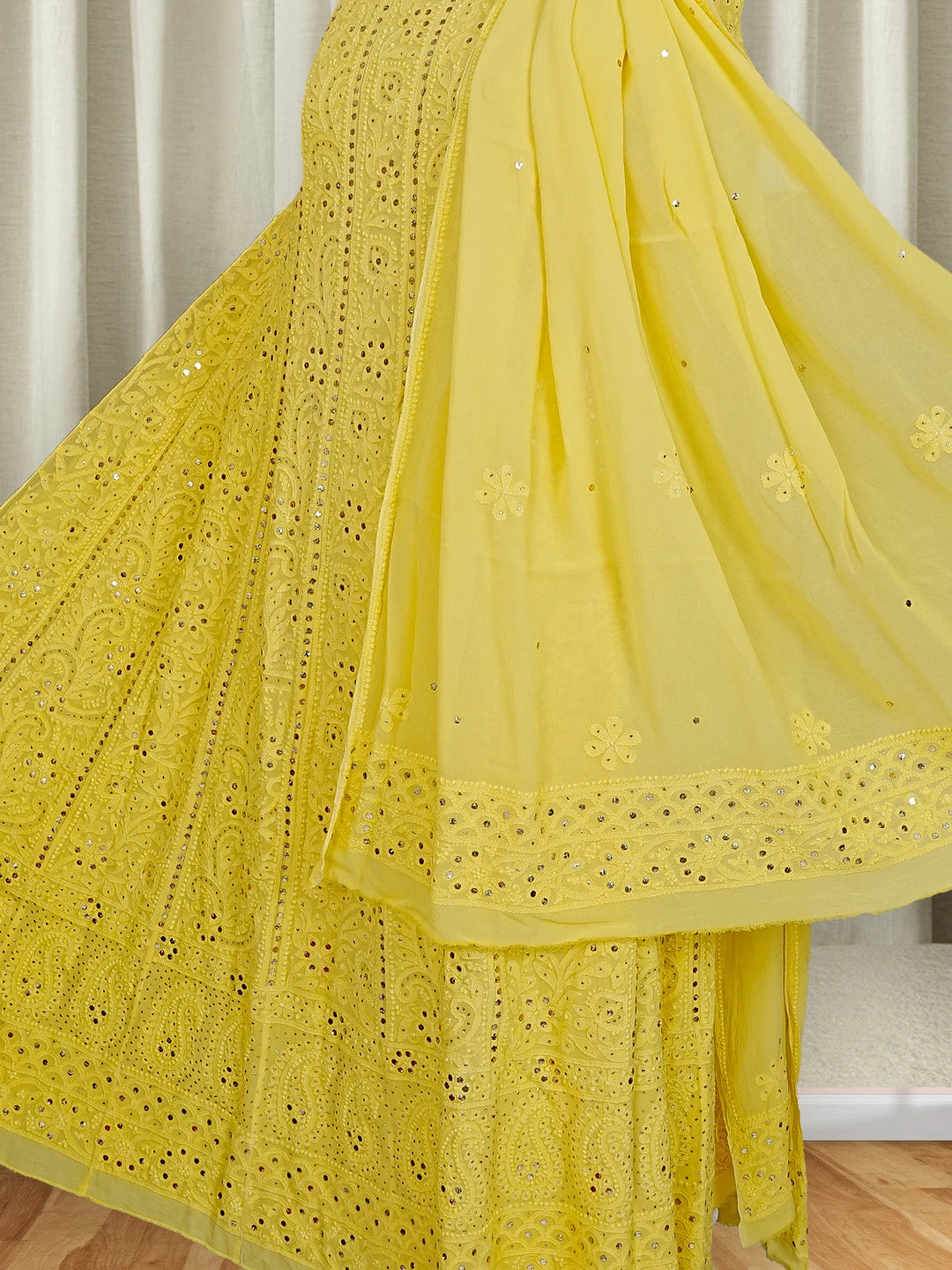 Ada Hand Embroidered Citrine Yellow Viscose Georgette Lucknowi Chikankari Semi-Stitched Anarkali Kurta Dupatta Set With Muqaish Work 01A137880