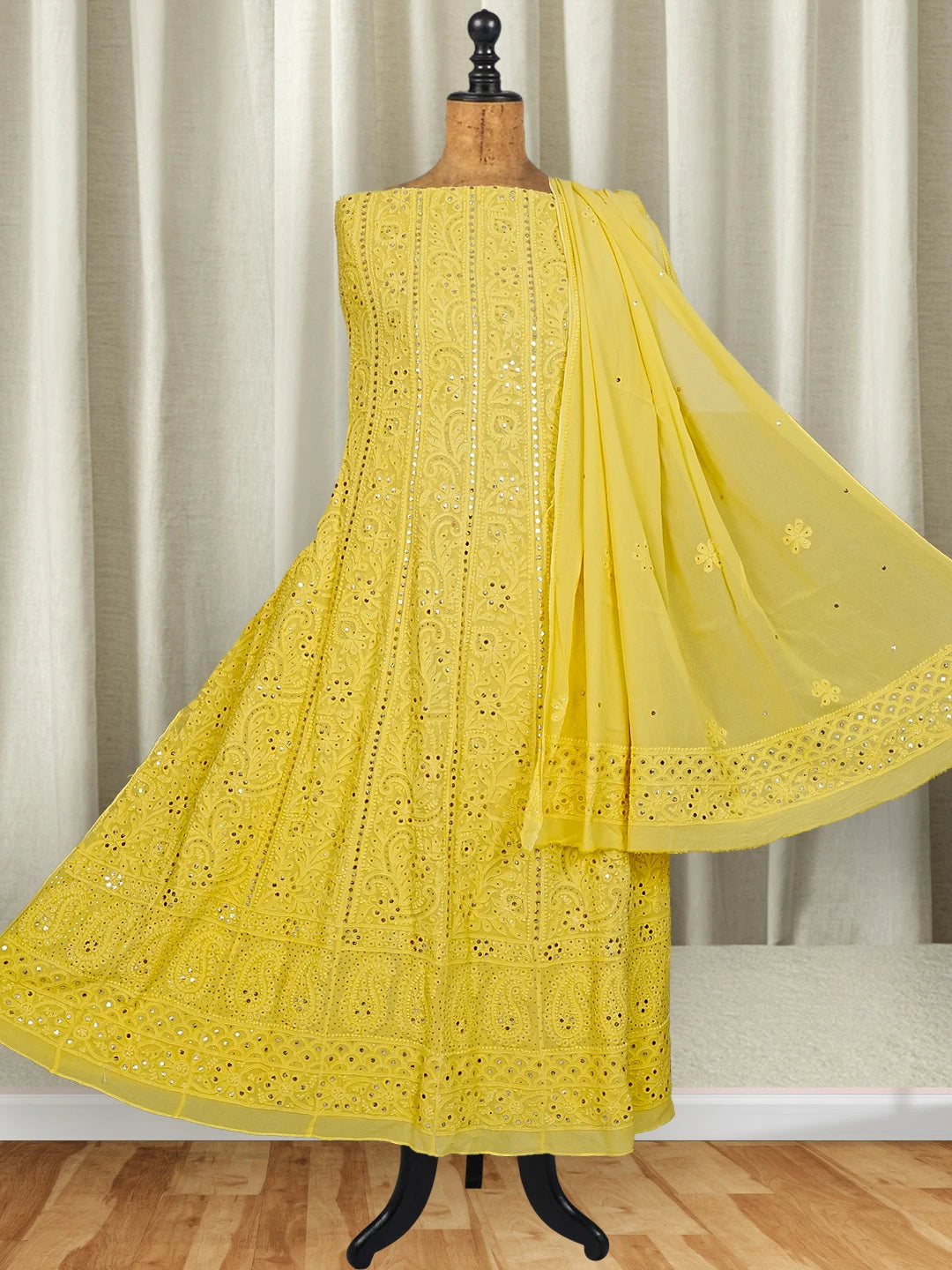 Ada Hand Embroidered Citrine Yellow Viscose Georgette Lucknowi Chikankari Semi-Stitched Anarkali Kurta Dupatta Set With Muqaish Work 01A137880