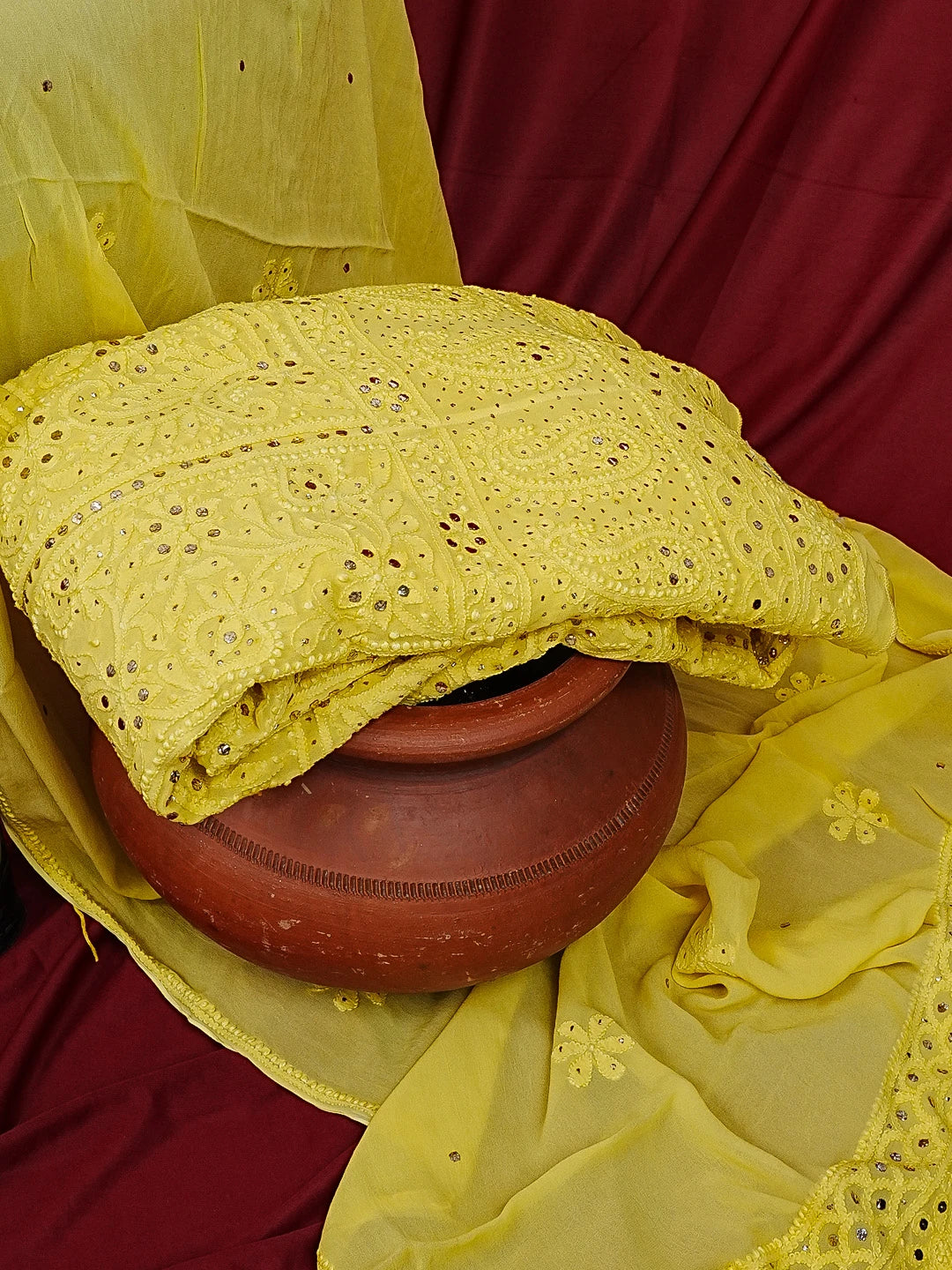 Ada Hand Embroidered Citrine Yellow Viscose Georgette Lucknowi Chikankari Semi-Stitched Anarkali Kurta Dupatta Set With Muqaish Work 01A137880