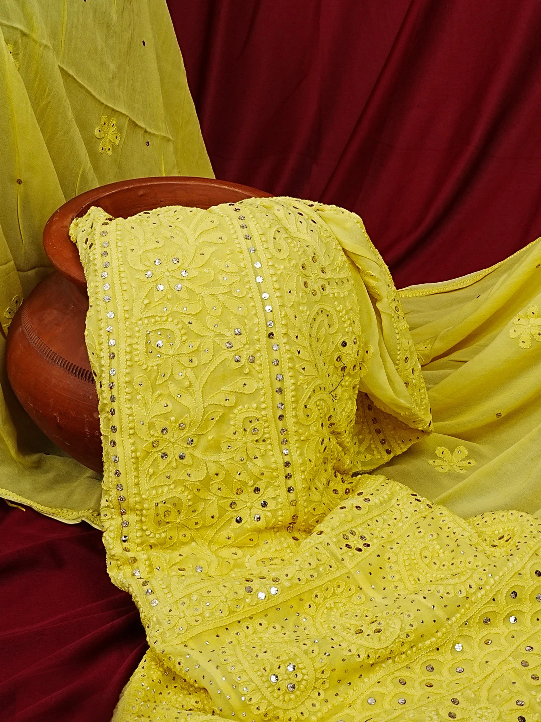 Ada Hand Embroidered Citrine Yellow Viscose Georgette Lucknowi Chikankari Semi-Stitched Anarkali Kurta Dupatta Set With Muqaish Work 01A137880
