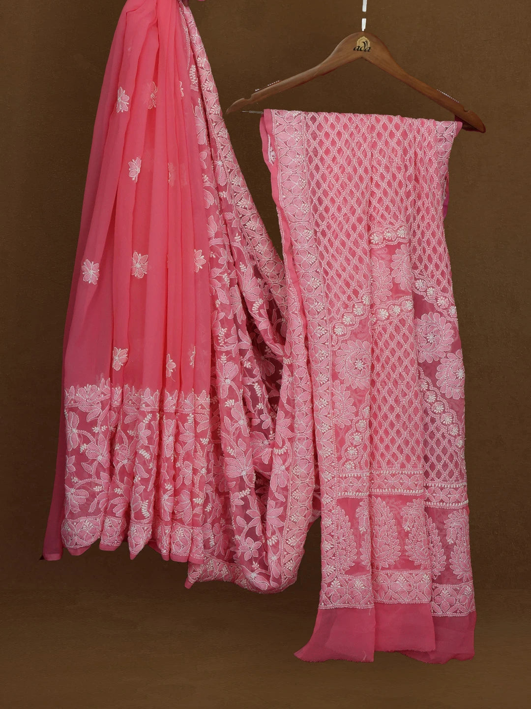 Ada Hand Embroidered Pink Georgette Lucknowi Chikankari Saree with Blouse 01A555858