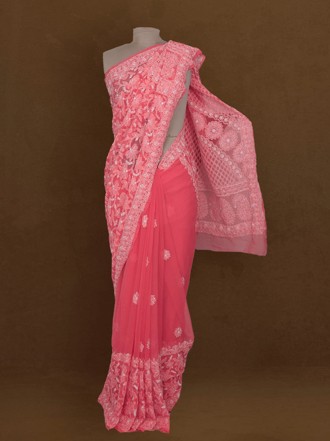 Ada Hand Embroidered Pink Georgette Lucknowi Chikankari Saree with Blouse 01A555858